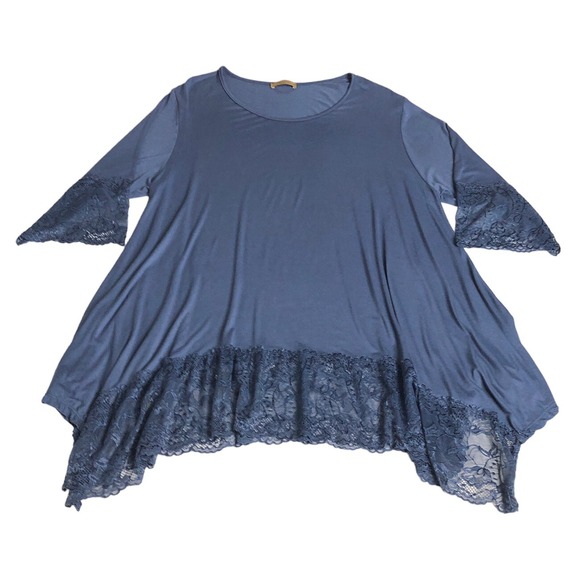 Beyond Capri Tops - Beyond Capri Tunic Top Womens‎ OS Blue Oversized Lace Hem Lagenlook Boho Italy